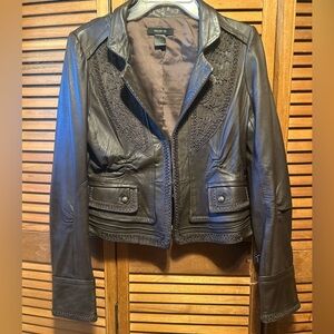 Arden B Chocolate Brown Genuine Soft Lambskin Leather Jacket with Embroidery